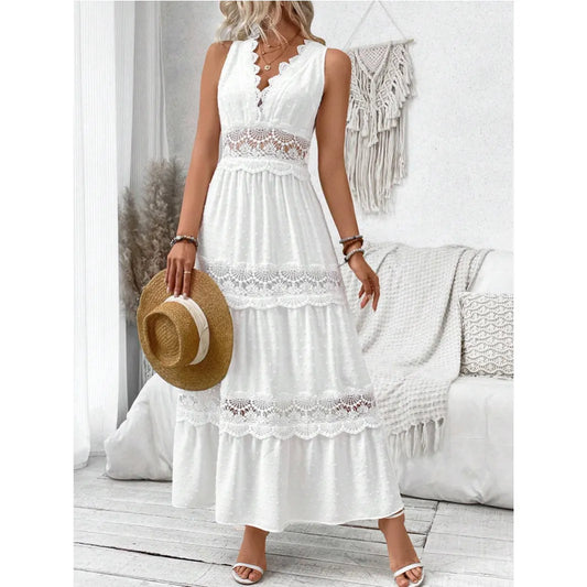 Elegant White Lace Maxi Dress for Women