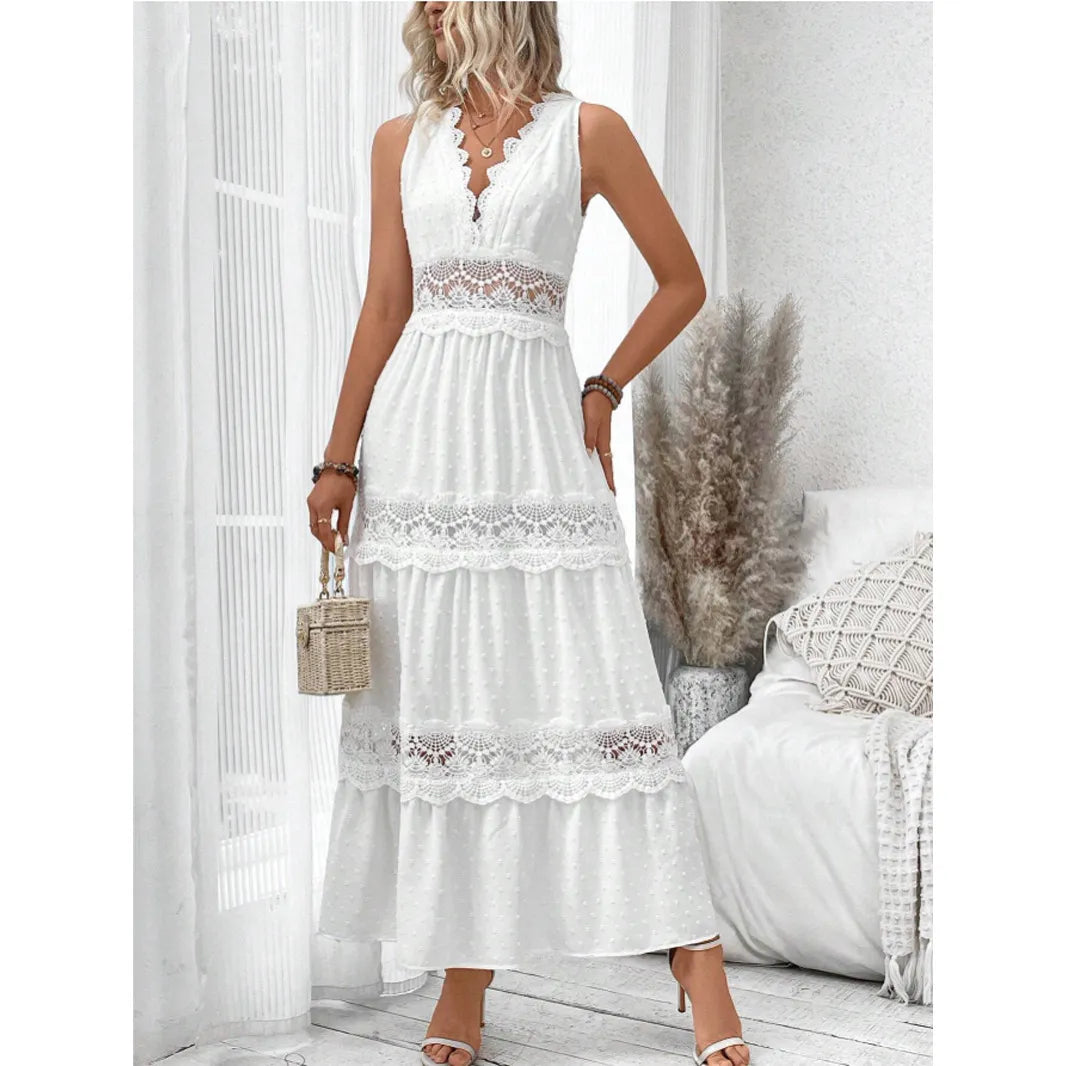 Elegant White Lace Maxi Dress for Women